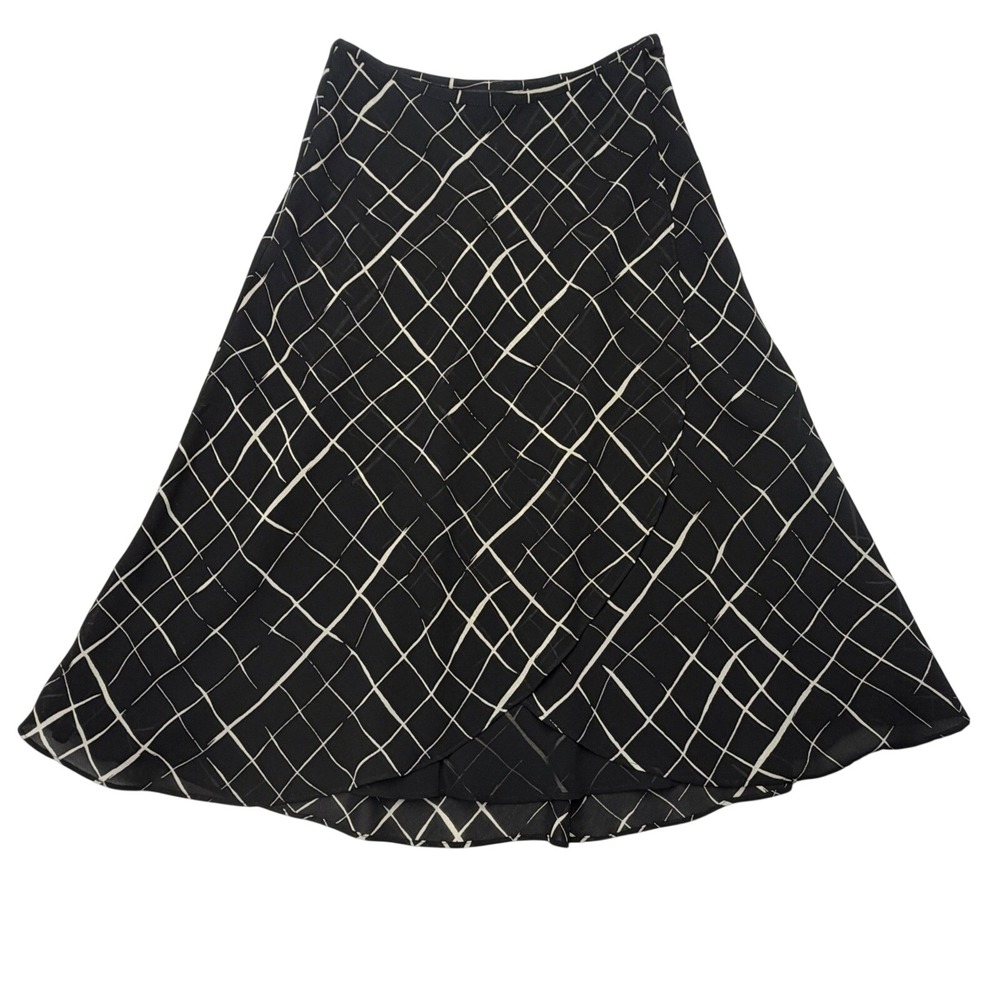 New‎ York & Company Size 8 Black White Grid Print A-Line Midi Skirt Chiffon Wrap
